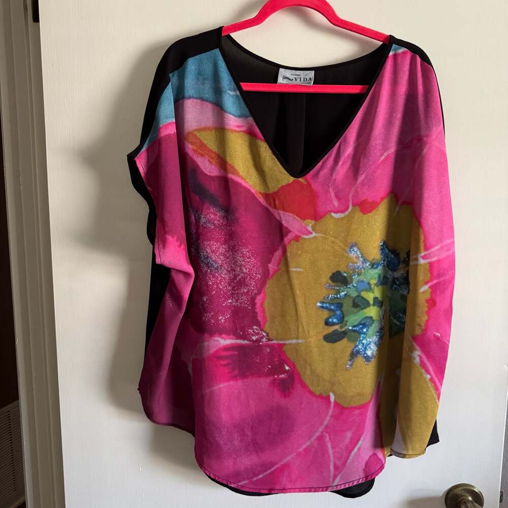 Vida Women’s XL Floral V-Neck Blouse Pink Black Sheer Overlay